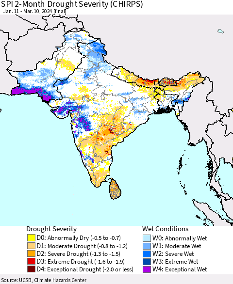 Southern Asia SPI 2-Month Drought Severity (CHIRPS) Thematic Map For 1/11/2024 - 3/10/2024