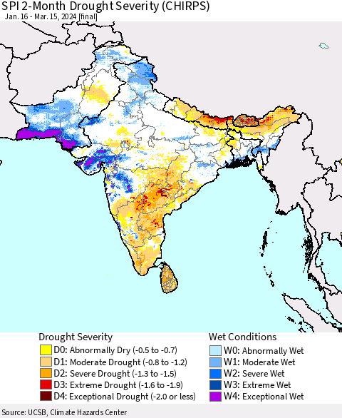 Southern Asia SPI 2-Month Drought Severity (CHIRPS) Thematic Map For 1/16/2024 - 3/15/2024