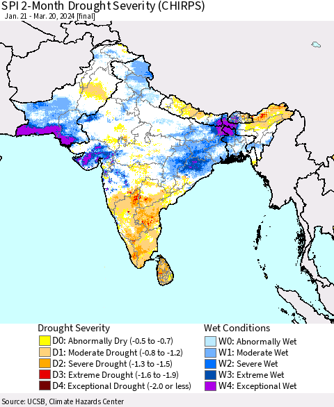 Southern Asia SPI 2-Month Drought Severity (CHIRPS) Thematic Map For 1/21/2024 - 3/20/2024