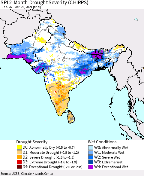 Southern Asia SPI 2-Month Drought Severity (CHIRPS) Thematic Map For 1/26/2024 - 3/25/2024