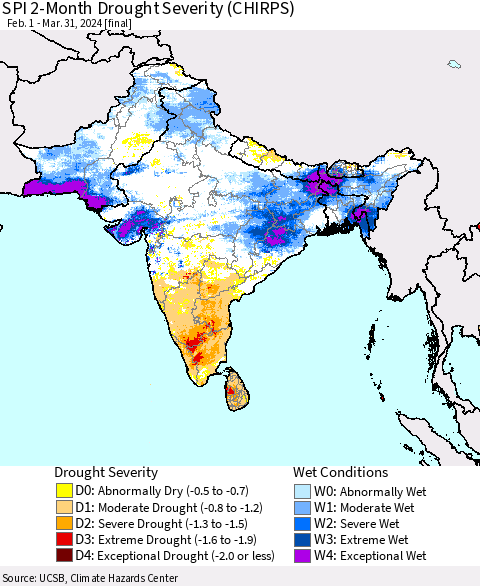 Southern Asia SPI 2-Month Drought Severity (CHIRPS) Thematic Map For 2/1/2024 - 3/31/2024