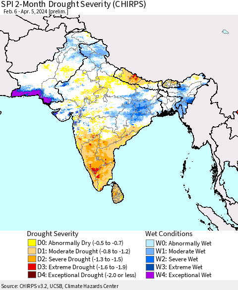 Southern Asia SPI 2-Month Drought Severity (CHIRPS) Thematic Map For 2/6/2024 - 4/5/2024