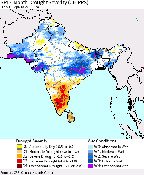 Southern Asia SPI 2-Month Drought Severity (CHIRPS) Thematic Map For 2/11/2024 - 4/10/2024