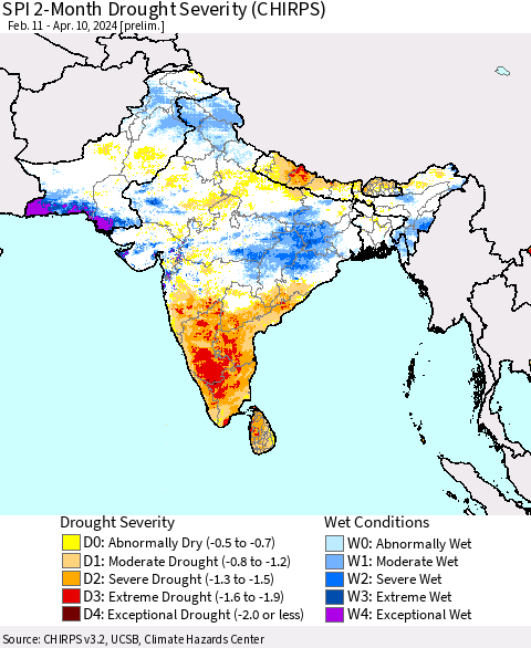 Southern Asia SPI 2-Month Drought Severity (CHIRPS) Thematic Map For 2/11/2024 - 4/10/2024