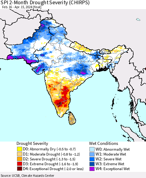 Southern Asia SPI 2-Month Drought Severity (CHIRPS) Thematic Map For 2/16/2024 - 4/15/2024