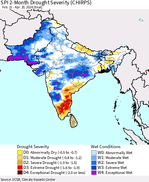Southern Asia SPI 2-Month Drought Severity (CHIRPS) Thematic Map For 2/21/2024 - 4/20/2024