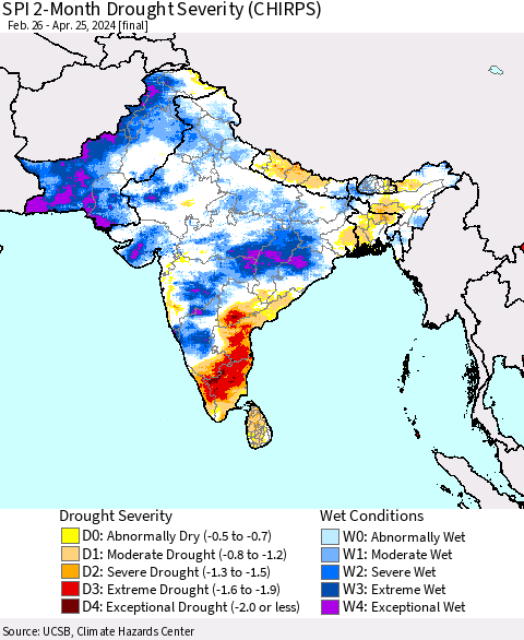 Southern Asia SPI 2-Month Drought Severity (CHIRPS) Thematic Map For 2/26/2024 - 4/25/2024