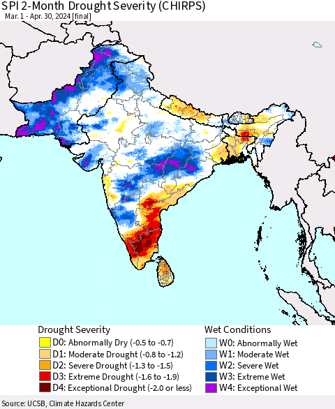 Southern Asia SPI 2-Month Drought Severity (CHIRPS) Thematic Map For 3/1/2024 - 4/30/2024