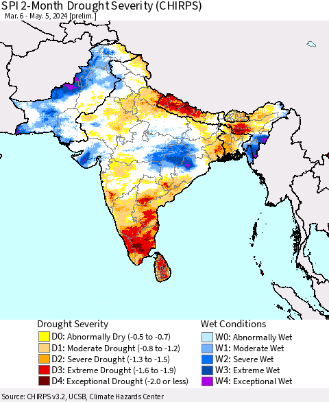 Southern Asia SPI 2-Month Drought Severity (CHIRPS) Thematic Map For 3/6/2024 - 5/5/2024