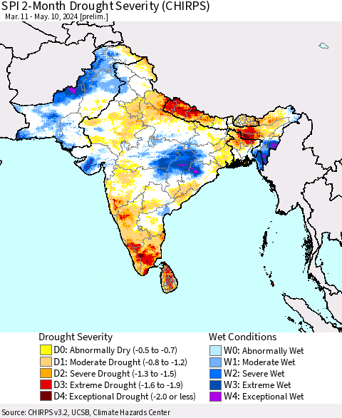 Southern Asia SPI 2-Month Drought Severity (CHIRPS) Thematic Map For 3/11/2024 - 5/10/2024
