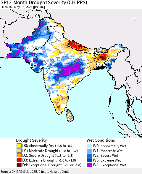 Southern Asia SPI 2-Month Drought Severity (CHIRPS) Thematic Map For 3/16/2024 - 5/15/2024