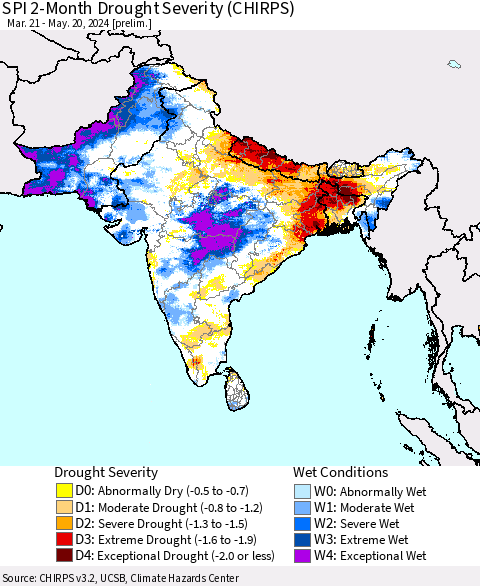 Southern Asia SPI 2-Month Drought Severity (CHIRPS) Thematic Map For 3/21/2024 - 5/20/2024