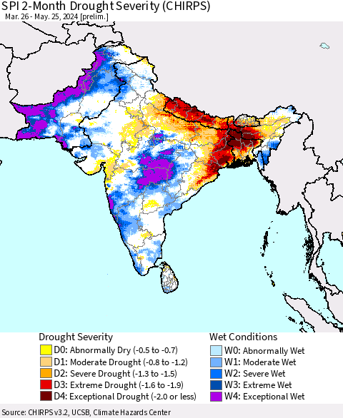 Southern Asia SPI 2-Month Drought Severity (CHIRPS) Thematic Map For 3/26/2024 - 5/25/2024