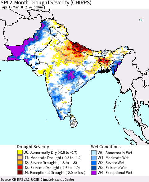 Southern Asia SPI 2-Month Drought Severity (CHIRPS) Thematic Map For 4/1/2024 - 5/31/2024