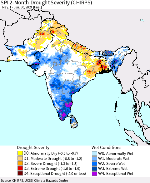 Southern Asia SPI 2-Month Drought Severity (CHIRPS) Thematic Map For 5/1/2024 - 6/30/2024