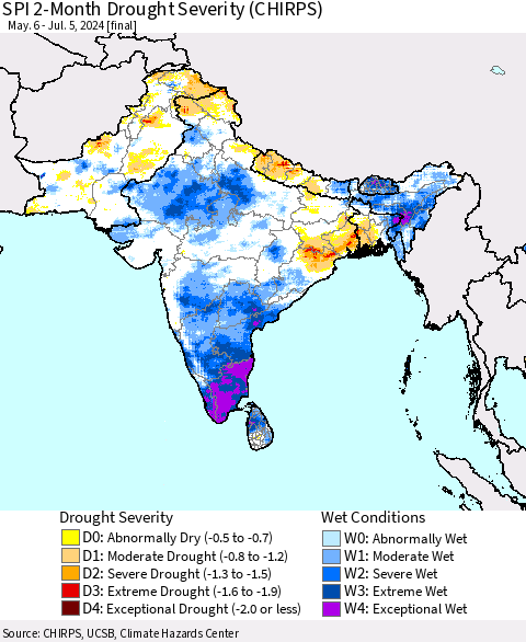 Southern Asia SPI 2-Month Drought Severity (CHIRPS) Thematic Map For 5/6/2024 - 7/5/2024