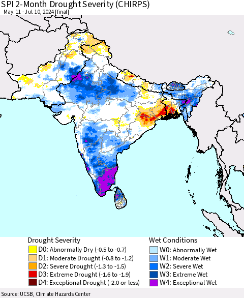 Southern Asia SPI 2-Month Drought Severity (CHIRPS) Thematic Map For 5/11/2024 - 7/10/2024