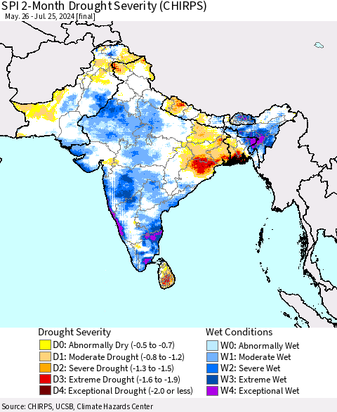 Southern Asia SPI 2-Month Drought Severity (CHIRPS) Thematic Map For 5/26/2024 - 7/25/2024