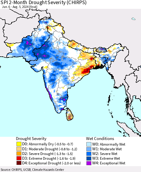 Southern Asia SPI 2-Month Drought Severity (CHIRPS) Thematic Map For 6/6/2024 - 8/5/2024