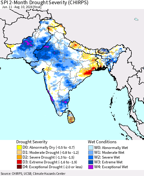 Southern Asia SPI 2-Month Drought Severity (CHIRPS) Thematic Map For 6/11/2024 - 8/10/2024