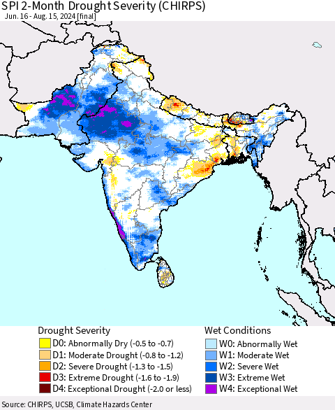 Southern Asia SPI 2-Month Drought Severity (CHIRPS) Thematic Map For 6/16/2024 - 8/15/2024