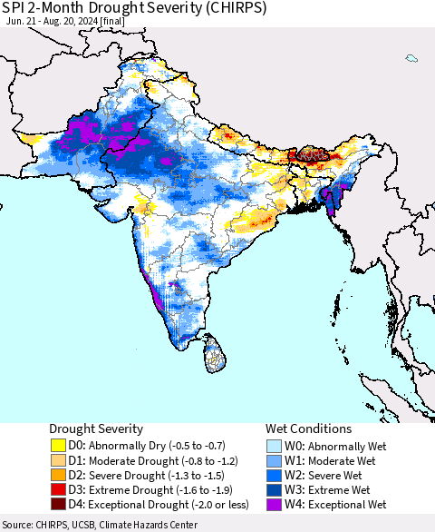 Southern Asia SPI 2-Month Drought Severity (CHIRPS) Thematic Map For 6/21/2024 - 8/20/2024
