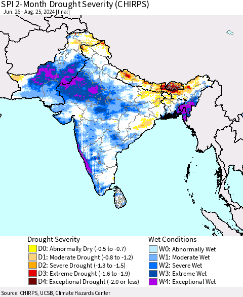 Southern Asia SPI 2-Month Drought Severity (CHIRPS) Thematic Map For 6/26/2024 - 8/25/2024