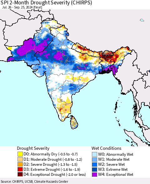 Southern Asia SPI 2-Month Drought Severity (CHIRPS) Thematic Map For 7/26/2024 - 9/25/2024
