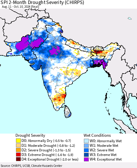 Southern Asia SPI 2-Month Drought Severity (CHIRPS) Thematic Map For 8/11/2024 - 10/10/2024