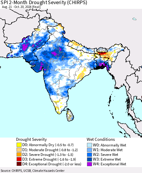 Southern Asia SPI 2-Month Drought Severity (CHIRPS) Thematic Map For 8/21/2024 - 10/20/2024