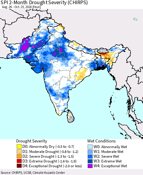 Southern Asia SPI 2-Month Drought Severity (CHIRPS) Thematic Map For 8/26/2024 - 10/25/2024