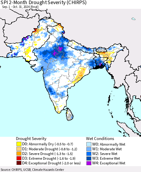 Southern Asia SPI 2-Month Drought Severity (CHIRPS) Thematic Map For 9/1/2024 - 10/31/2024