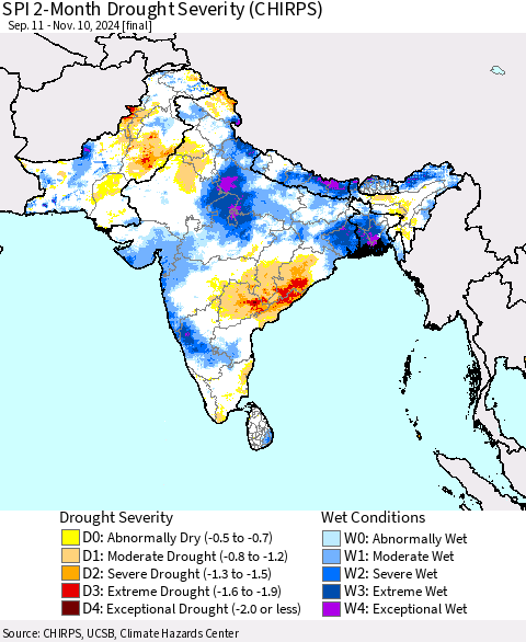 Southern Asia SPI 2-Month Drought Severity (CHIRPS) Thematic Map For 9/11/2024 - 11/10/2024