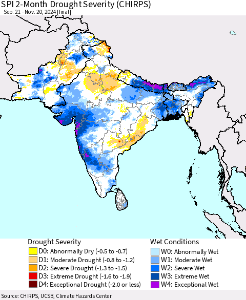 Southern Asia SPI 2-Month Drought Severity (CHIRPS) Thematic Map For 9/21/2024 - 11/20/2024