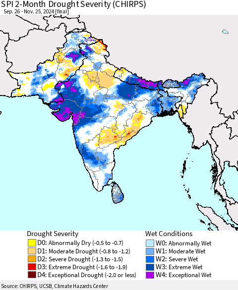 Southern Asia SPI 2-Month Drought Severity (CHIRPS) Thematic Map For 9/26/2024 - 11/25/2024