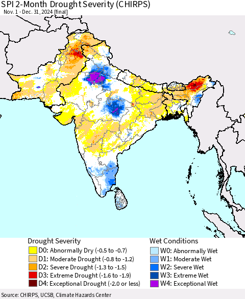Southern Asia SPI 2-Month Drought Severity (CHIRPS) Thematic Map For 11/1/2024 - 12/31/2024
