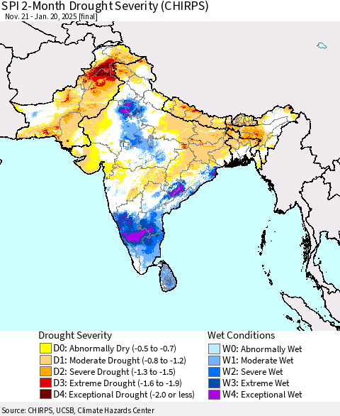 Southern Asia SPI 2-Month Drought Severity (CHIRPS) Thematic Map For 11/21/2024 - 1/20/2025