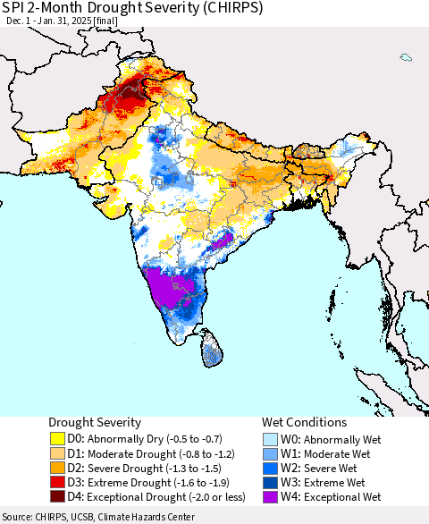 Southern Asia SPI 2-Month Drought Severity (CHIRPS) Thematic Map For 12/1/2024 - 1/31/2025