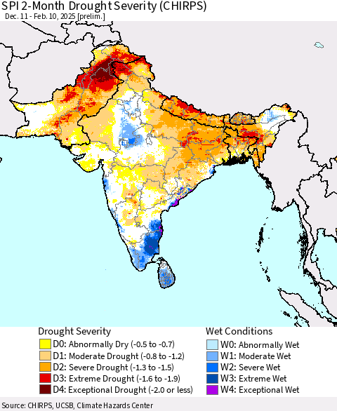 Southern Asia SPI 2-Month Drought Severity (CHIRPS) Thematic Map For 12/11/2024 - 2/10/2025