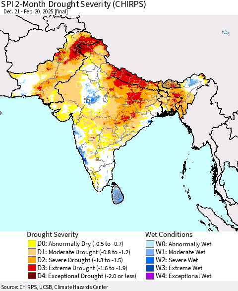 Southern Asia SPI 2-Month Drought Severity (CHIRPS) Thematic Map For 12/21/2024 - 2/20/2025