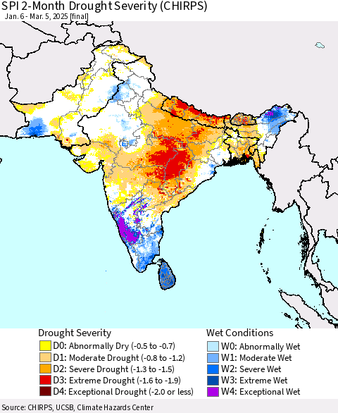 Southern Asia SPI 2-Month Drought Severity (CHIRPS) Thematic Map For 1/6/2025 - 3/5/2025