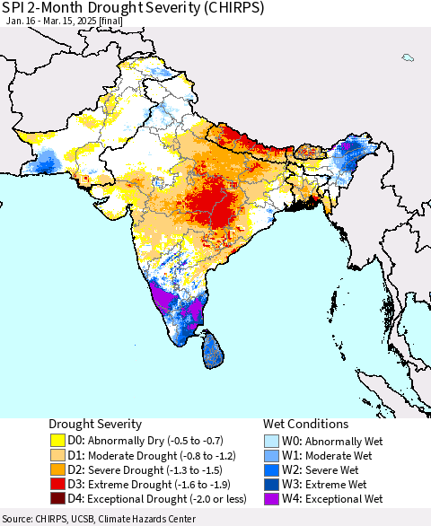 Southern Asia SPI 2-Month Drought Severity (CHIRPS) Thematic Map For 1/16/2025 - 3/15/2025