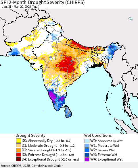 Southern Asia SPI 2-Month Drought Severity (CHIRPS) Thematic Map For 1/21/2025 - 3/20/2025