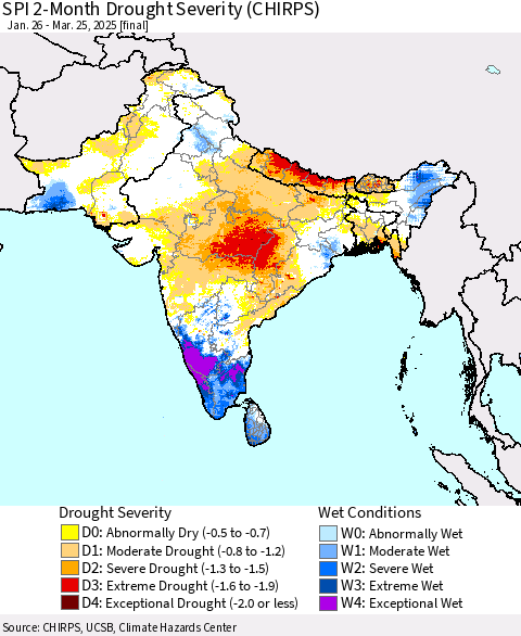 Southern Asia SPI 2-Month Drought Severity (CHIRPS) Thematic Map For 1/26/2025 - 3/25/2025