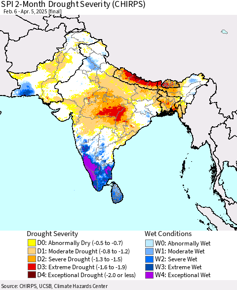 Southern Asia SPI 2-Month Drought Severity (CHIRPS) Thematic Map For 2/6/2025 - 4/5/2025