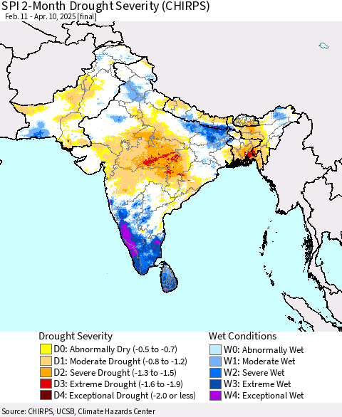 Southern Asia SPI 2-Month Drought Severity (CHIRPS) Thematic Map For 2/11/2025 - 4/10/2025