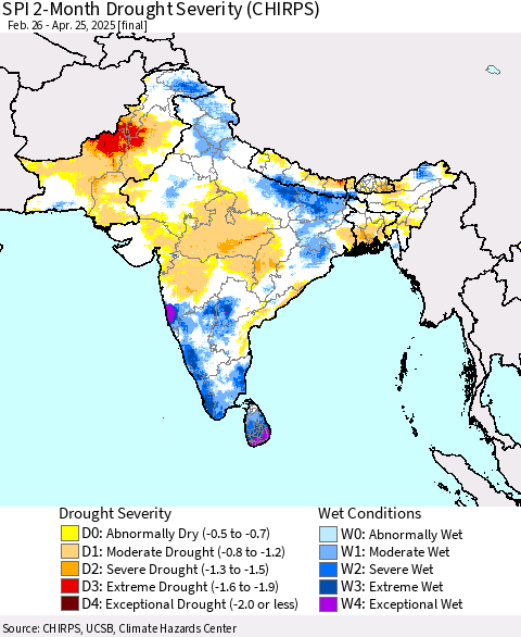 Southern Asia SPI 2-Month Drought Severity (CHIRPS) Thematic Map For 2/26/2025 - 4/25/2025
