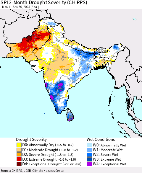Southern Asia SPI 2-Month Drought Severity (CHIRPS) Thematic Map For 3/1/2025 - 4/30/2025