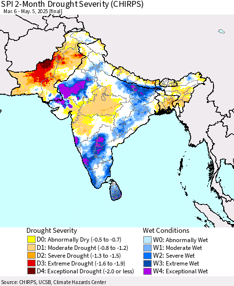 Southern Asia SPI 2-Month Drought Severity (CHIRPS) Thematic Map For 3/6/2025 - 5/5/2025