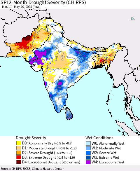 Southern Asia SPI 2-Month Drought Severity (CHIRPS) Thematic Map For 3/11/2025 - 5/10/2025